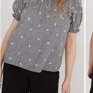 Madewell puff sleeve embroidered Black and White Gingham Women's Top